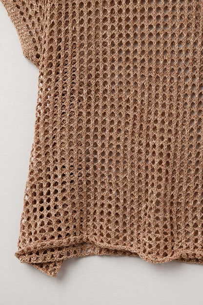 Open Knit Crochet dropped Sleeved Top in Camel
