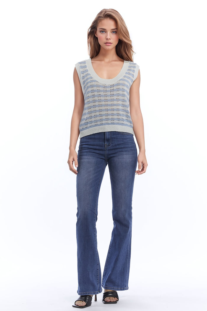 Open Knit Cropped Striped Sleeveless sweater in Blue and White