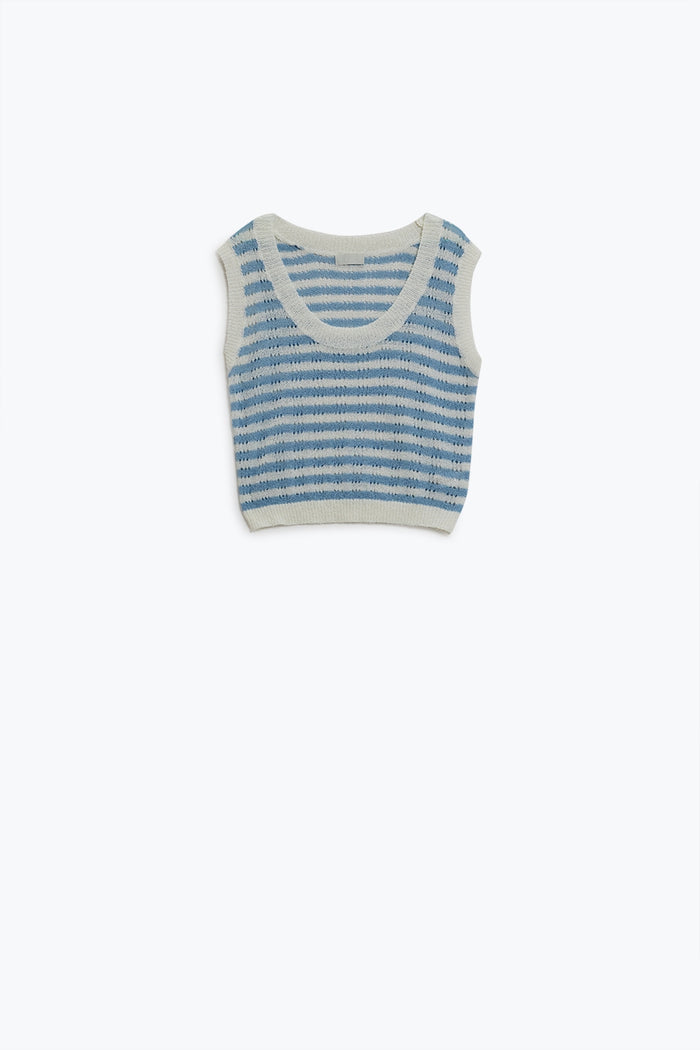 Open Knit Cropped Striped Sleeveless sweater in Blue and White