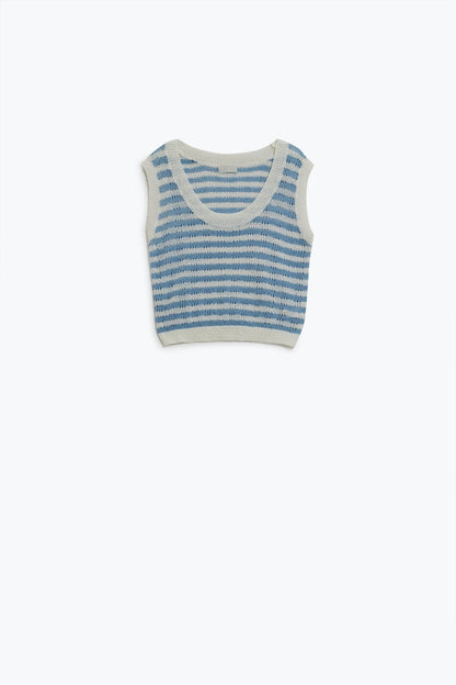 Open Knit Cropped Striped Sleeveless sweater in Blue and White
