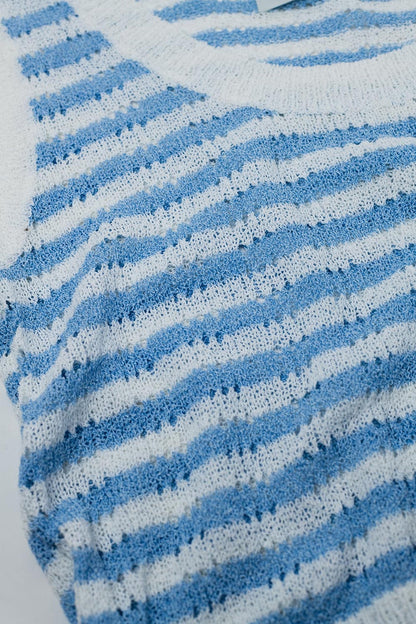 Open Knit Cropped Striped Sleeveless sweater in Blue and White