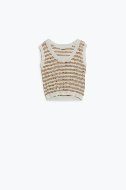 Open Knit Cropped Striped Sleeveless sweater in Brown and White