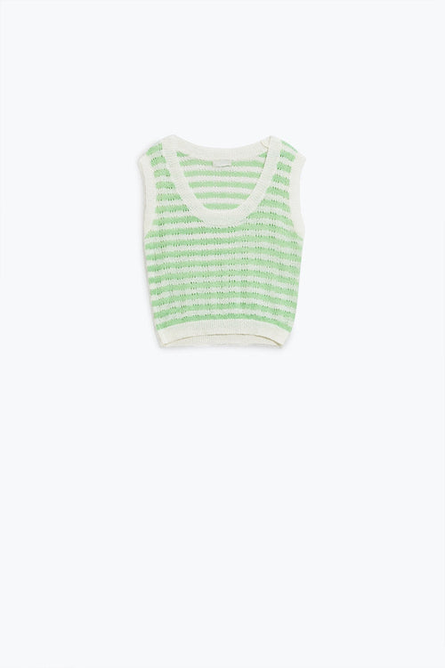 Open Knit Cropped Striped Sleeveless sweater in Green and White