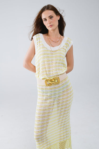 Open Knit Cropped Striped Sleeveless sweater in Yellow and White