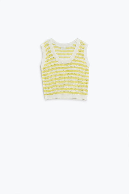 Open Knit Cropped Striped Sleeveless sweater in Yellow and White