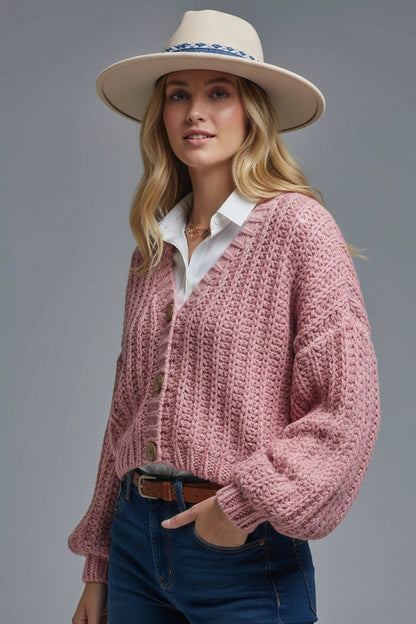 Open Knitted Chunky Cardigan in pink with relaxed sleeves