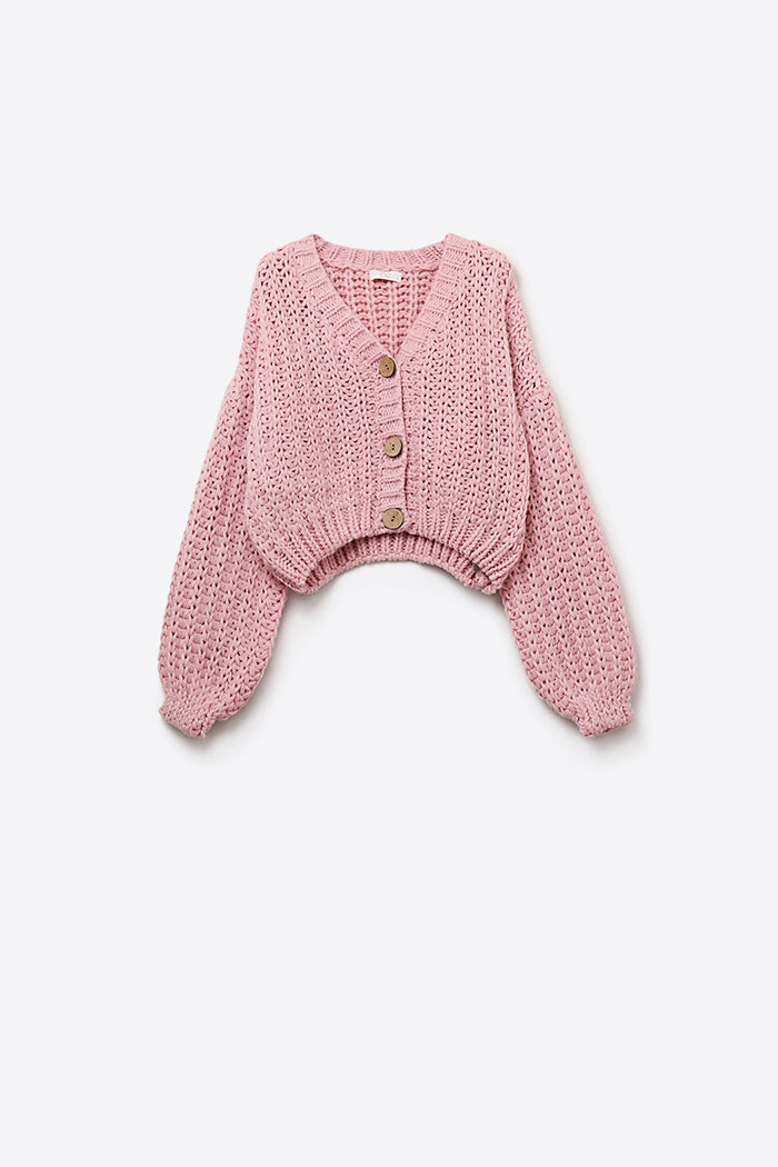 Open Knitted Chunky Cardigan in pink with relaxed sleeves