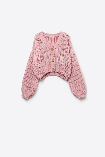 Open Knitted Chunky Cardigan in pink with relaxed sleeves