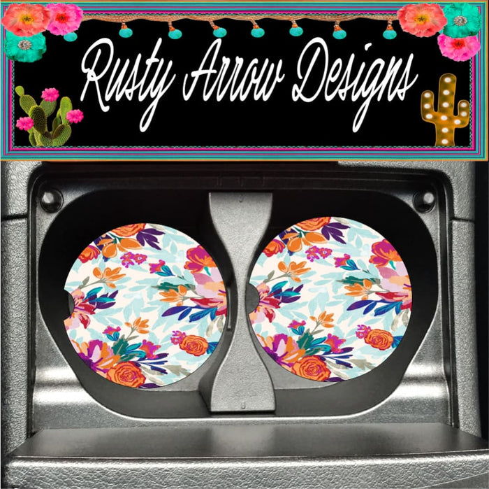 Orange and Pink Boho Floral Set of 2 Car Coasters - Car Coasters