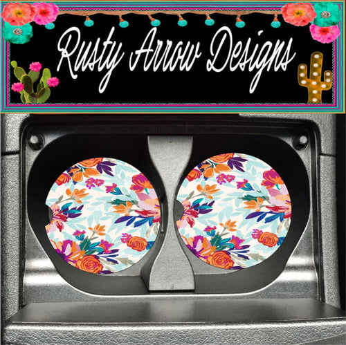 Orange and Pink Boho Floral Set of 2 Car Coasters - Car Coasters