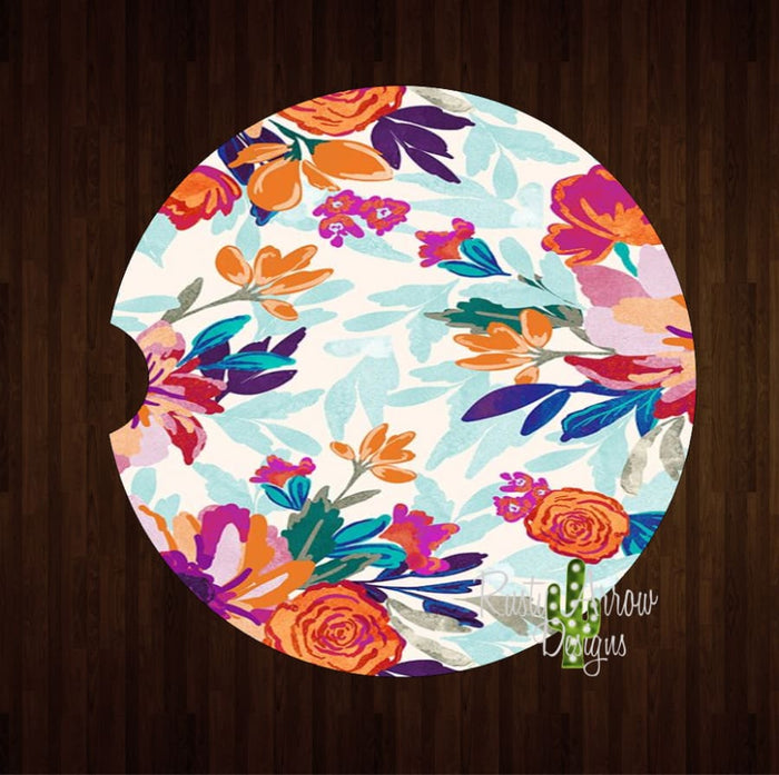 Orange and Pink Boho Floral Set of 2 Car Coasters - Car Coasters