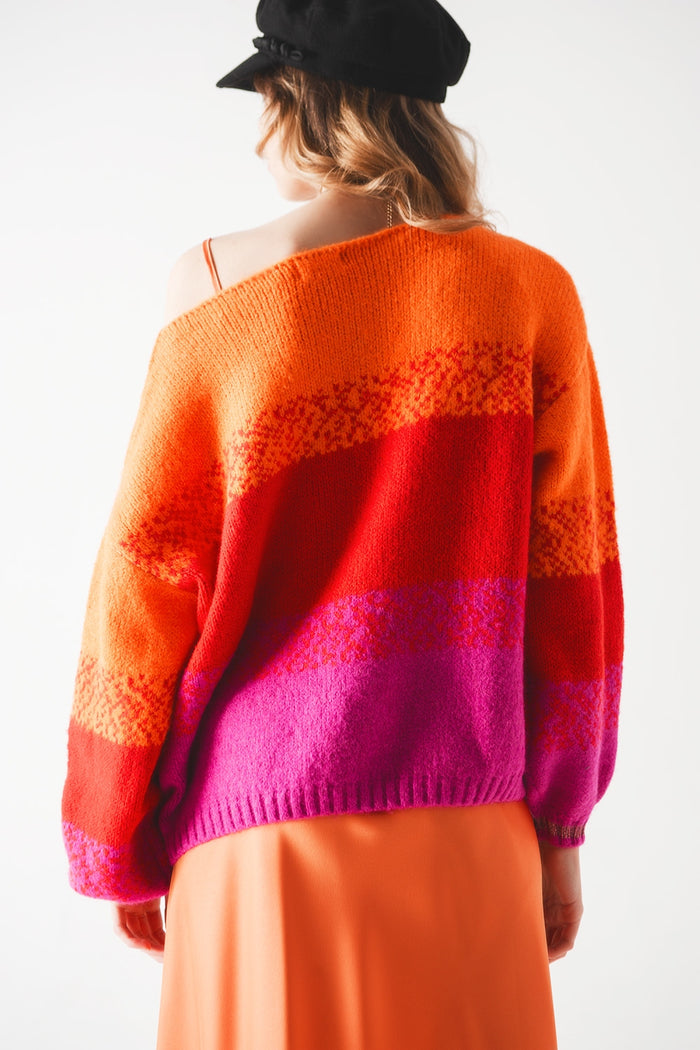 Orange knitted sweater with mélange stripes