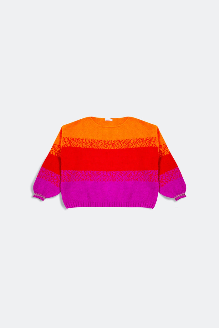 Orange knitted sweater with mélange stripes