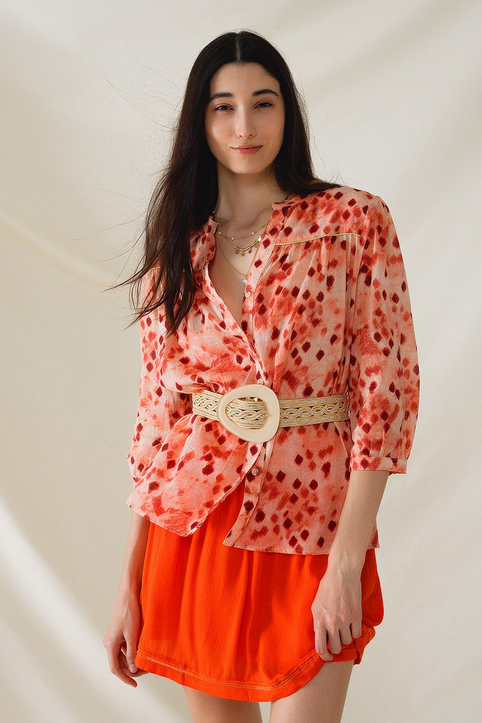 Orange Shirt With Abstract Print And 3/4 Length Sleeves - Shirts