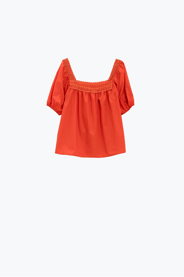 Orange Top With Square Neckline And Short Sleeves