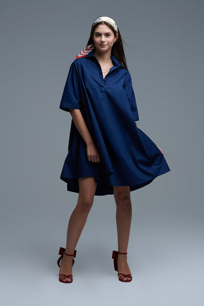 Oversized 3/4 Sleeve Poplin Dress in Navy - dress