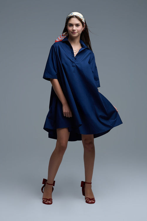 Oversized 3/4 Sleeve Poplin Dress in Navy - dress