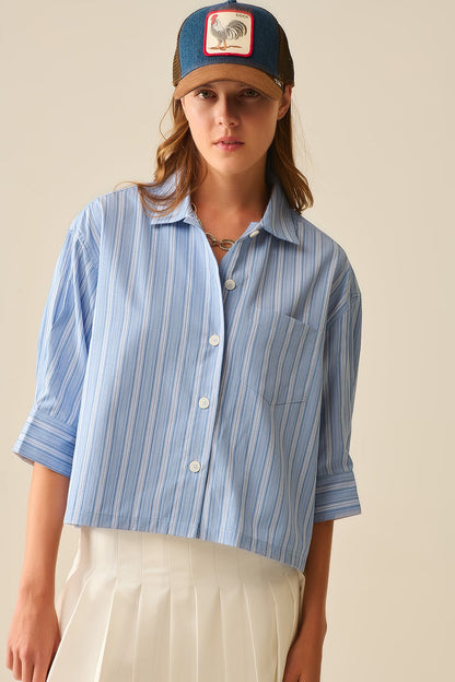 oversized Cropped Striped Shirt in Blue - Shirts