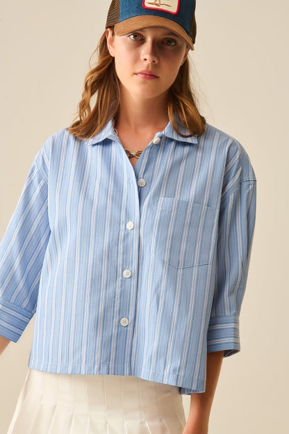 oversized Cropped Striped Shirt in Blue - Shirts