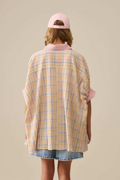 Oversized Flowy Blouse with Checked Contrast - Shirts