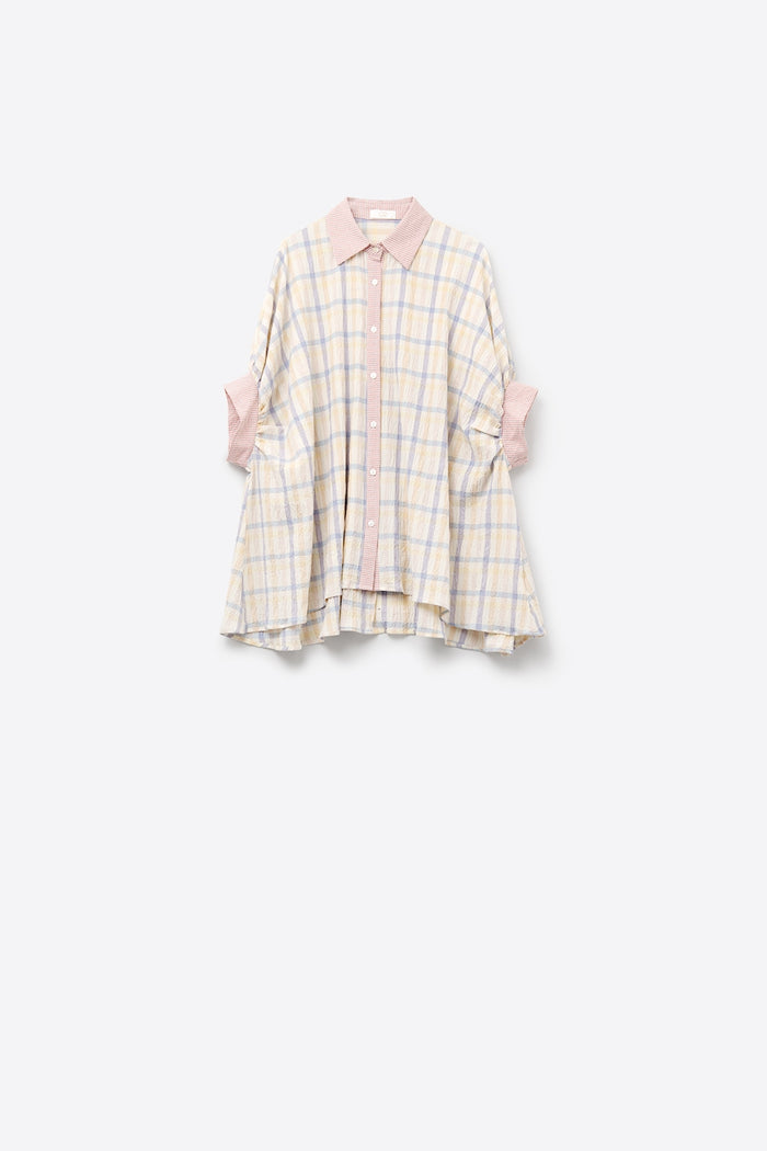 Oversized Flowy Blouse with Checked Contrast - Shirts