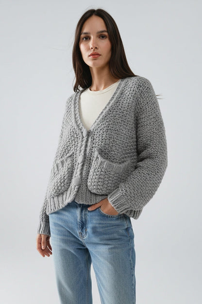 Oversized gray chunky knit jacket with pockets