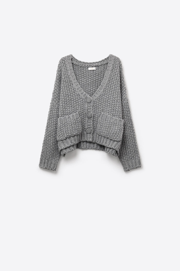 Oversized gray chunky knit jacket with pockets