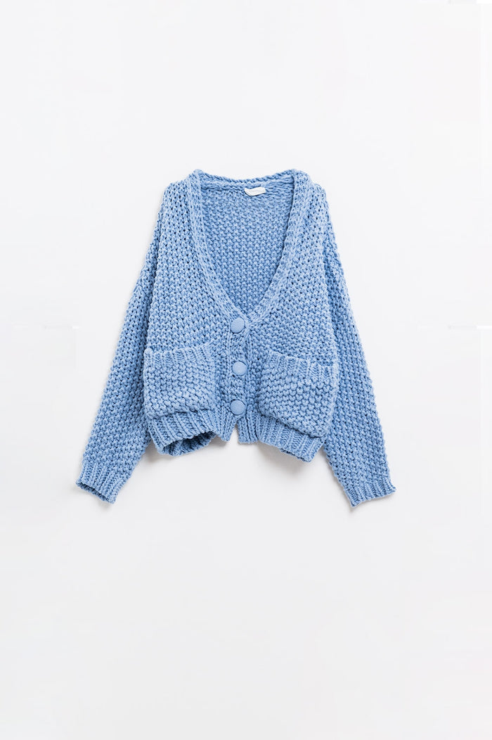 Oversized light blue chunky knit jacket with pockets
