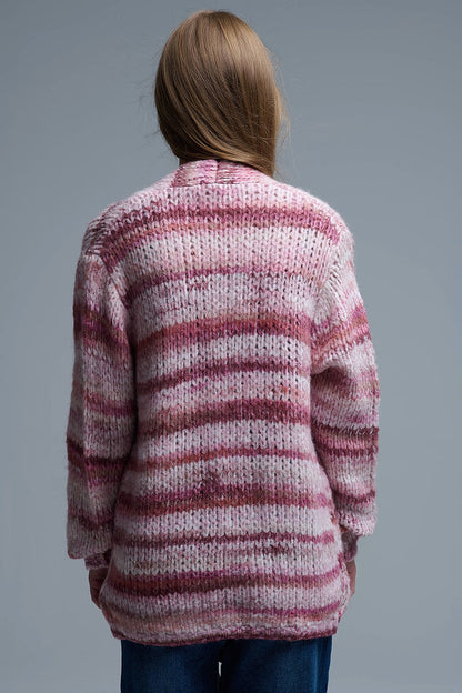 Oversized mottled striped long cardigan with pockets in Pink