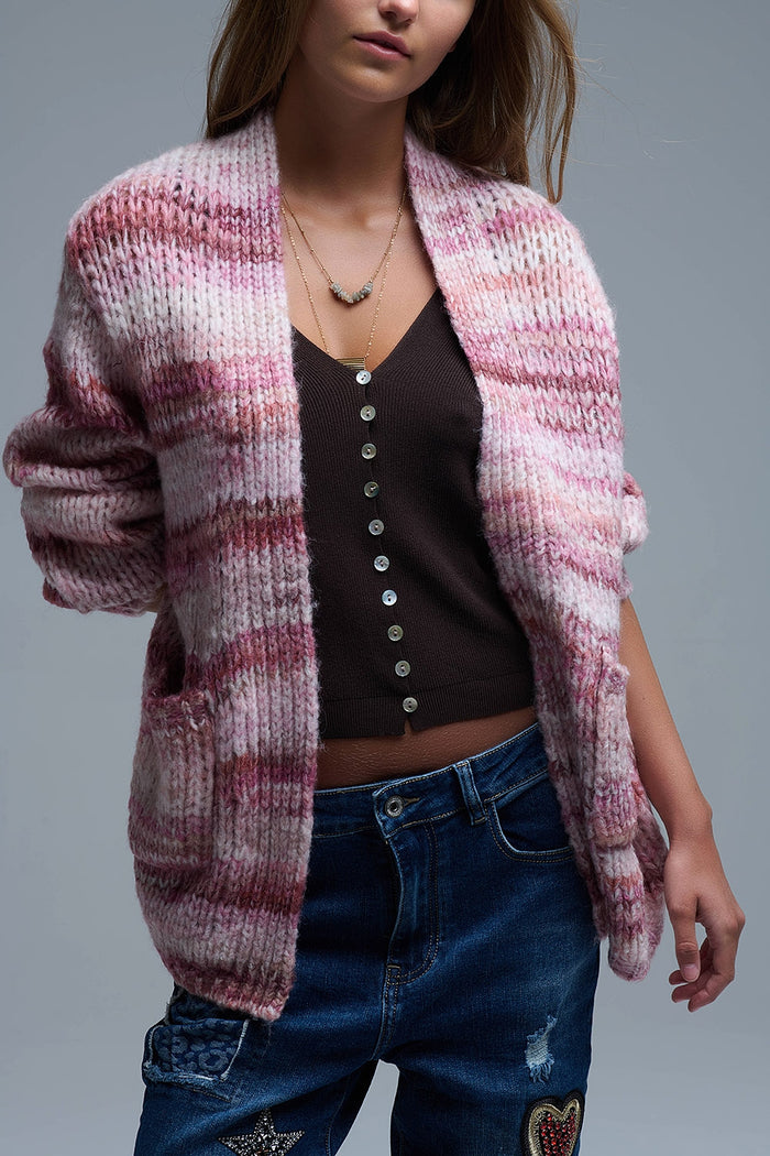 Oversized mottled striped long cardigan with pockets in Pink