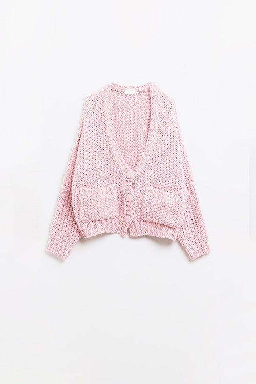 Oversized pink chunky knit jacket with pockets