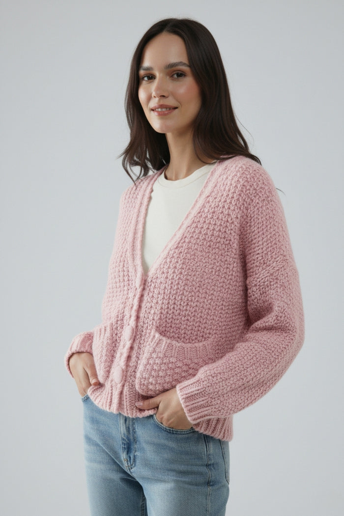 Oversized pink chunky knit jacket with pockets
