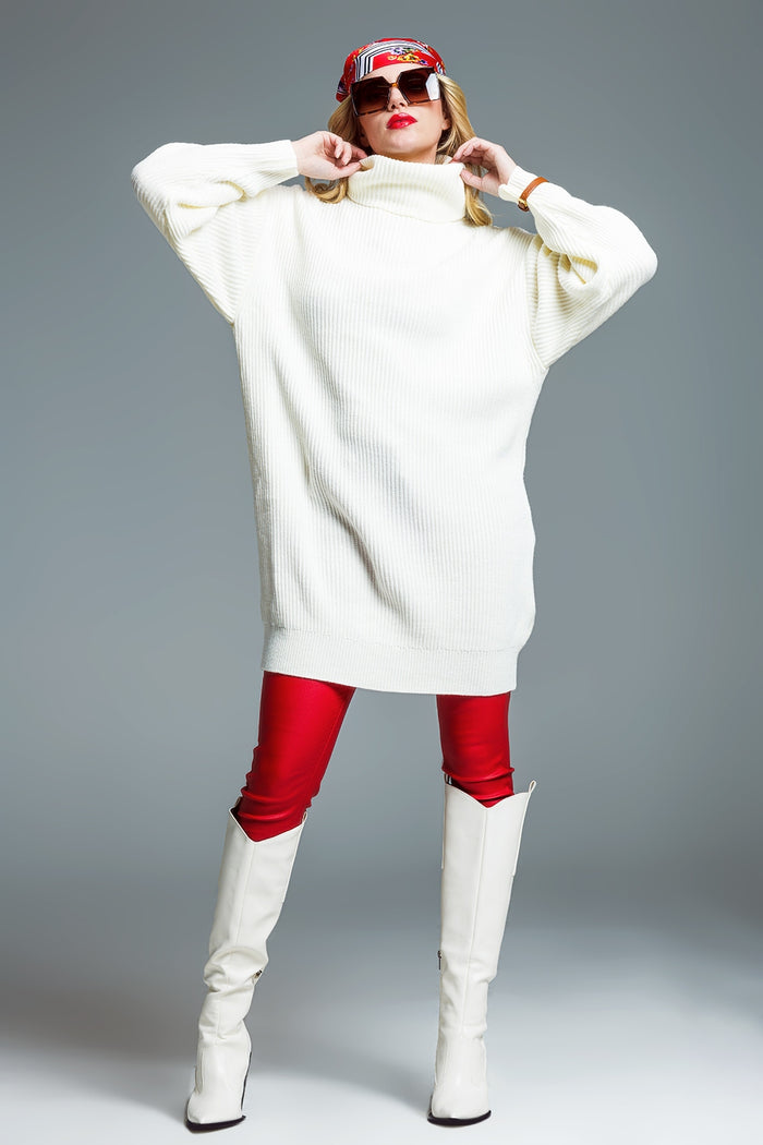 Oversized Ribbed Knit dress With Turtle Neck in Cream - dress
