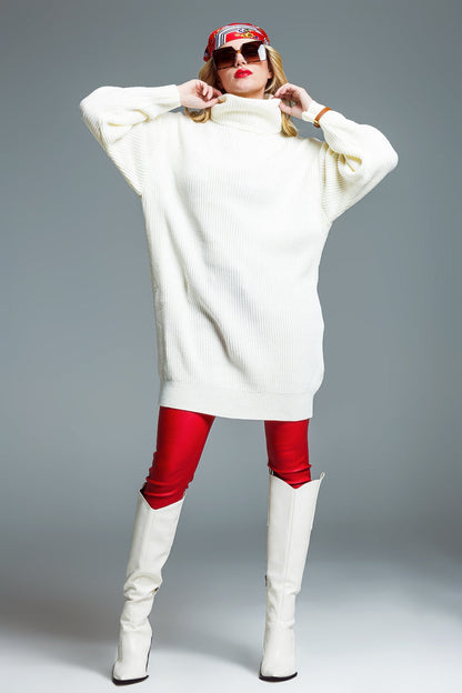 Oversized Ribbed Knit dress With Turtle Neck in Cream - dress