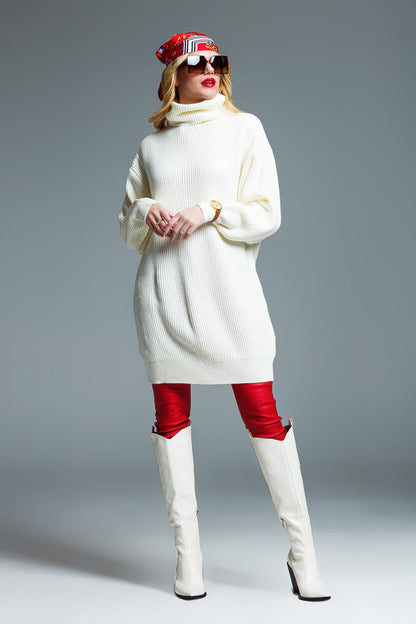 Oversized Ribbed Knit dress With Turtle Neck in Cream - dress
