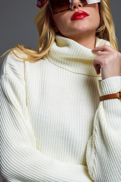 Oversized Ribbed Knit dress With Turtle Neck in Cream - dress
