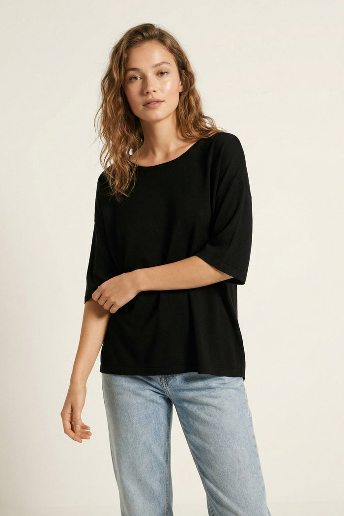 Oversized Sweater in Black with Elbow-Length Sleeves