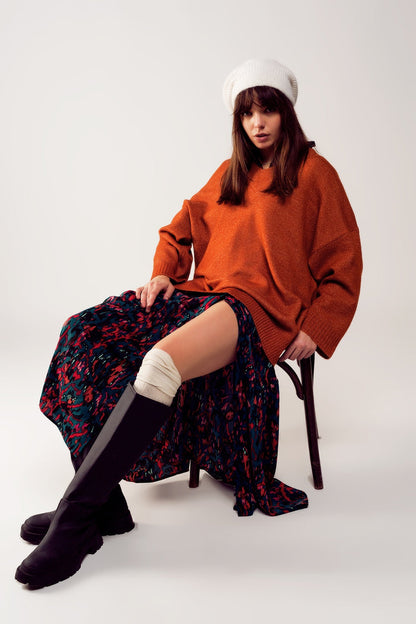 Oversized v neck sweater dress in orange