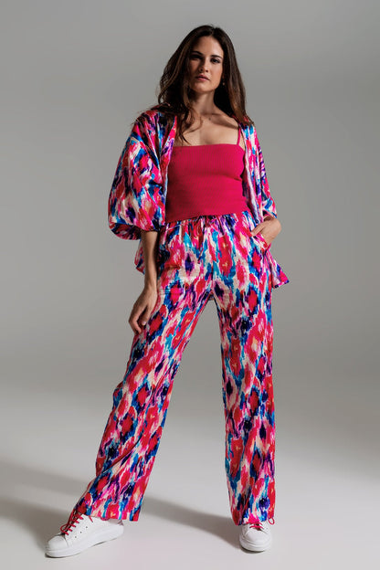 Palazzo Style Pants in Abstract Pink and Blue Print - trousers