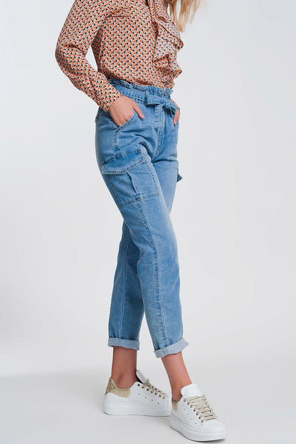 Paperbag tie waist jeans in light blue - Denim