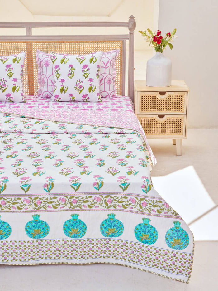Green, Turquoise, Pink Hand Block Cotton Quilt by Pinklay
