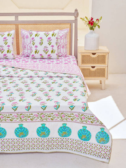 Green, Turquoise, Pink Hand Block Cotton Quilt by Pinklay