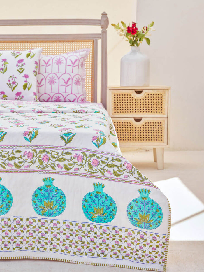 Green, Turquoise, Pink Hand Block Cotton Quilt by Pinklay