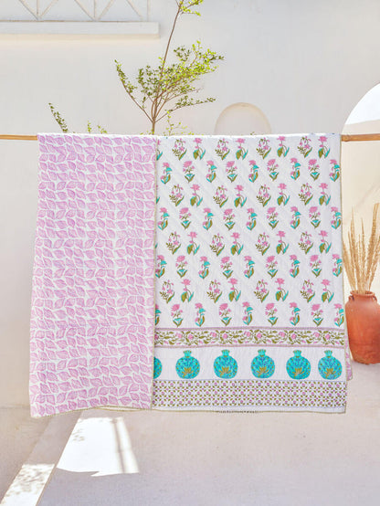 Green, Turquoise, Pink Hand Block Cotton Quilt by Pinklay