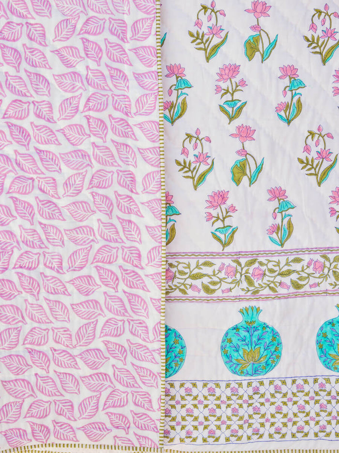 Green, Turquoise, Pink Hand Block Cotton Quilt by Pinklay