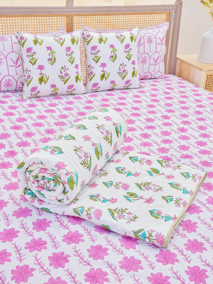 Green, Turquoise, Pink Hand Block Cotton Quilt by Pinklay