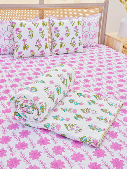Green, Turquoise, Pink Hand Block Cotton Quilt by Pinklay