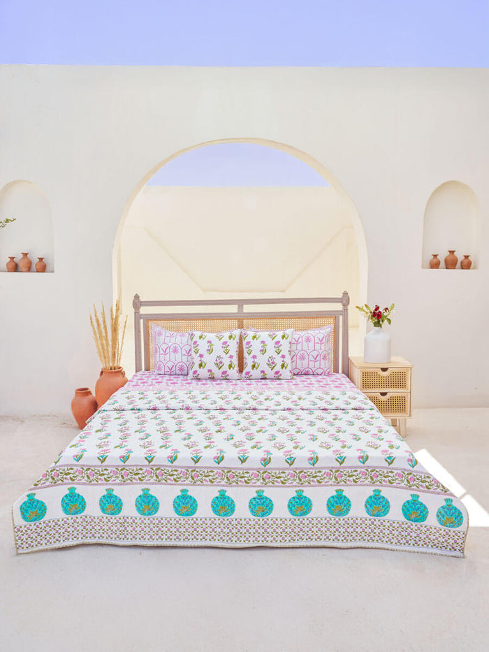 Green, Turquoise, Pink Hand Block Cotton Quilt by Pinklay