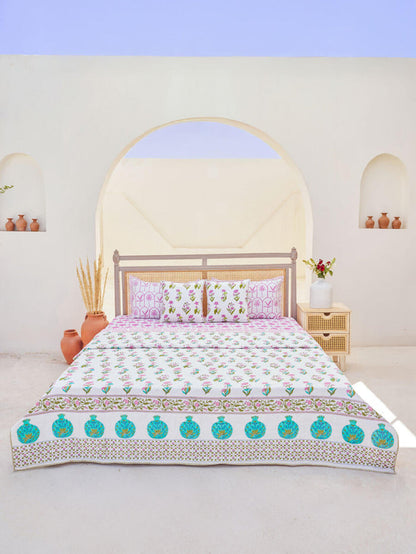 Green, Turquoise, Pink Hand Block Cotton Quilt by Pinklay