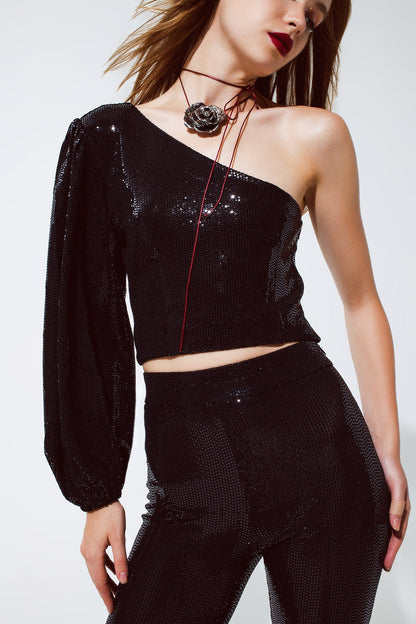 Party Cropped one shoulder top with glitter detail in black